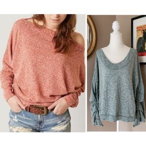 Free People We the Free Green Heather Green Ruched Sleeve Top Size Small